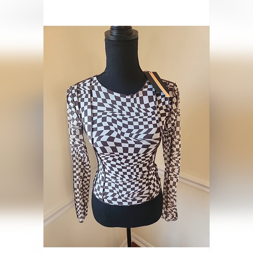 Minga London Women’s Shirt Long Sleeve Sheer Checkered Brown & Wht  Sz 2XS NWT